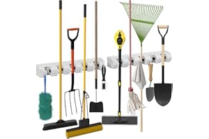 ARTECSIS Juego de 2 barras para herramientas de jardín con 6 ganchos plegables, soporte para utensilios y escobas de plástico, 44,5 cm, soporte para hasta 11 aparatos.