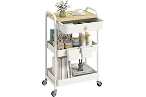danpinera 3 Tier Rolling Cart, Metal Utility Cart with Wooden Table Top & Drawer, Rolling Carts, Storage Cart with Hanging Cups for Kitchen, Bathroom, Office