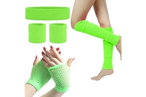 SPOKKI Leg Warmers Fishnet Gloves Headband Wristbands Neon Set, 80s Women Fancy Dress Costume Accessories, 1980s Retro Theme Party Costumes