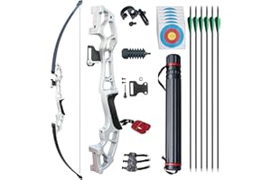 D&Q Arc de Chasse Adulte Arcs de tir à l'arc Arc et flèche Adulte Riser en métal 50 Pouces 30lbs 40lbs avec 6 Flèche en Carbone Mélangé (Argent, 30LB)