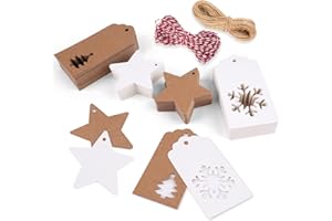 HOPTON Geschenkanhänger Weihnachten, 200 Stück Anhänger Zum Beschriften, Kraftpapier Anhänger mit 20M Jute Schnur, Etiketten Anhänger, Geschenk Etiketten für Weihnachtsgeschenke Weihnachtsbäume Flaschen