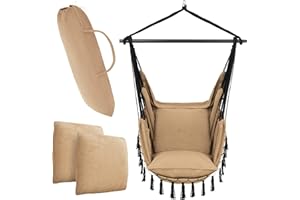 VITA5 Poltrona sospesa con 2 cuscini, portabicchieri e scomparto per libri, XXL, per adulti e bambini, portata fino a 200 kg, per interni ed esterni (Marrone)