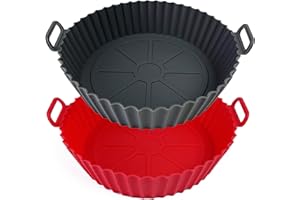 EATO Air Fryer Silicone Liners Set of 2 Air Fryer Liners Pot Reusable Silicone Liners for Cooking, Baking, Oven Safe Replacement of Flammable Parchment Liner Paper (Grey+Red)