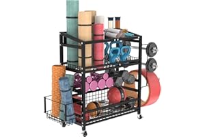 Womamny Yoga Matte Regal, Verstellbarer Hantelständer, Zuhause Fitnessgeräte Organizer für Yogamatten,Hanteln, Kettlebell,Yoga Block, Schaumstoffrolle,Hantelablage mit Haken & AbschließBaren Rädern