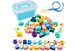 Gra w nawlekanie, ZEEREE 60 sztuk drewnianych zabawek do nawlekania części do gry edukacyjnej Zabawka Montessori sznurek