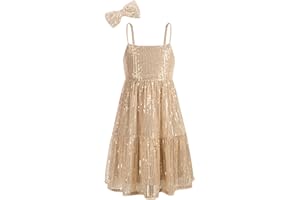 GRACE KARIN Robe Fille Paillette à Bretelles Spaghetti Cocktail Mariage avec Bandeau Nœud Papillon à Paillette 5-12ans