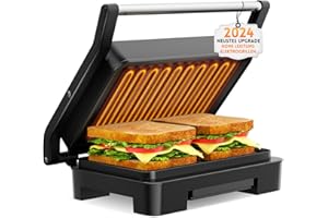 MIHOHO Griglia a contatto, bistecca e panini, griglia elettrica/tostapane per il pane, griglia da tavolo in acciaio inox con grill, stampo per pane, rivestimento antiaderente (grigio)