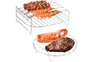 ZORVIXAL 2 Stück Edelstahl Airfryer Grillpfanne Grillrost, Heißluftfritteuse Zubehör Grillrost, Air Fryer Double Layer Rack mit 4 Spießen, Stapelbare Grillrost und Dämpfen Rack, für Huhn,Rindfleisch, Gemüse