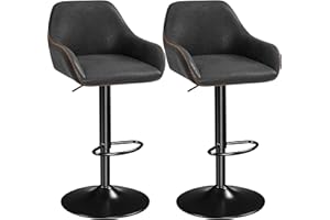Yaheetech Bar Stools Set of 2, Height Adjustable Swivel Breakfast Barstools, PU Leather Upholstered Bar Chair with Backrest, Armrests and Footrest for Home Kitchen, Black