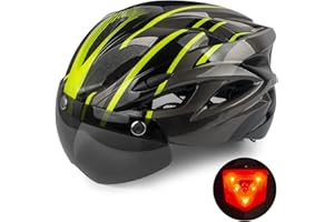 Shinmax Kask rowerowy, certyfikat CE, kask rowerowy ze zdejmowanymi okularami ochronnymi, wizjer dla mężczyzn i kobiet, dorosłych, regulowana ochrona bezpieczeństwa LED, tylne światło do deskorolki, snowboardu, 56-62 cm