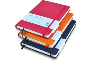 AUMAYCO Notizbuch A5, 3 Stück Hardcover Journal Notizbücher, Notizbuch Liniert a5 mit 200 Seiten, Kunstlederbezug Notizbuch mit Elastischem Verschlussband für Schule, Büro, Schreiben (Schwarz+Rot+Orange)