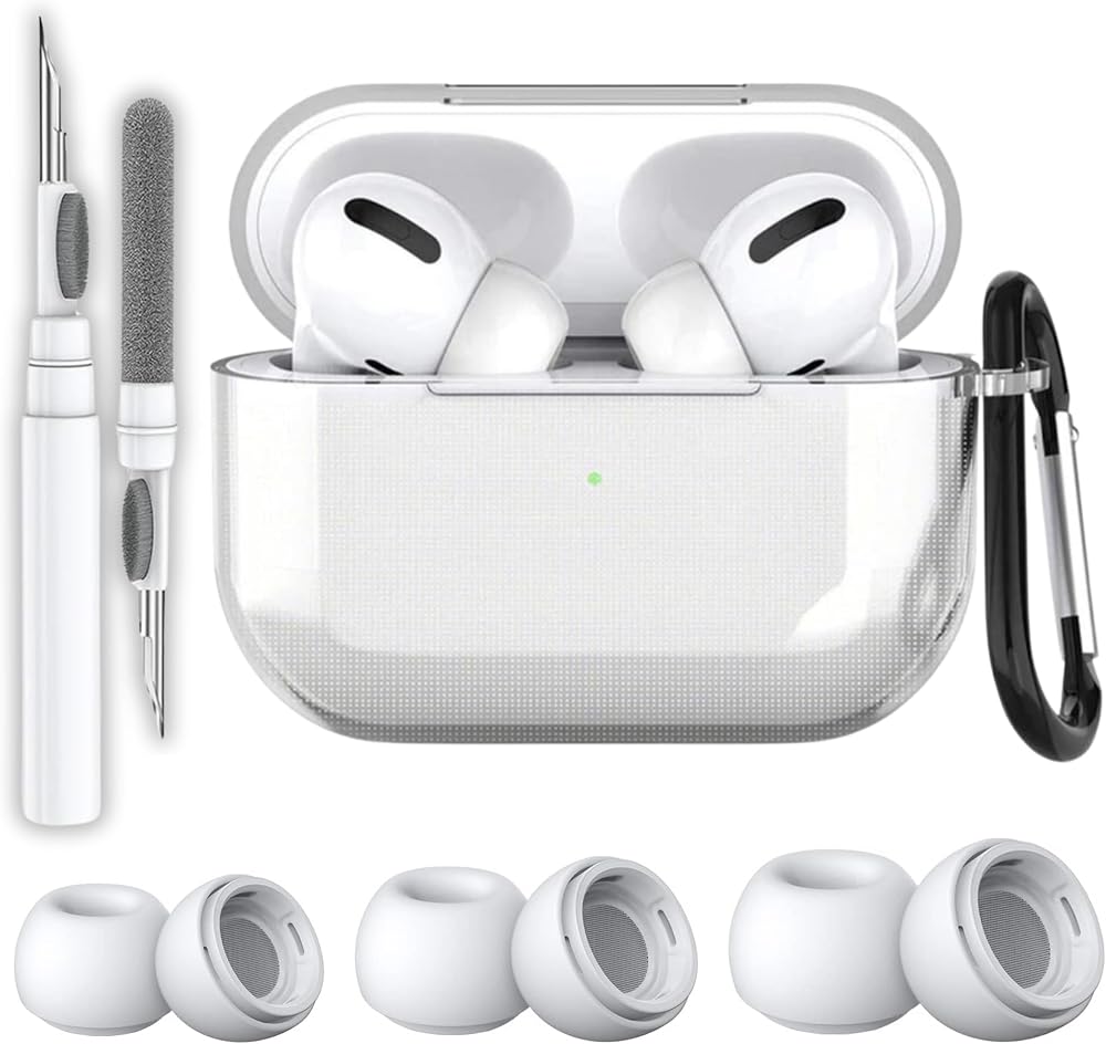 EWEC AirPods Pro 2.Nesil Uyumlu Şeffaf Premium Kulaklık Kılıfı, Anc Delikli Yedek Silikon Uçları (S,M,L) ve 3'ü 1 Arada Bluetooth Kulaklık Temizleme Kalemi Seti (Şeffaf)