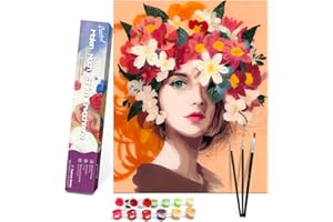 Bougimal Peinture par Numéro Adulte avec Pinceaux et Acryliques Bricolage Peintures Kits pour Adultes Enfants Seniors Débutant, Femme avec des Fleurs- 40x50cm (avec Cadre)