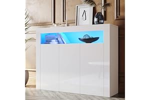 ‎SONNI SONNI Sideboard, Kommode Weiss Hochglanz, mit LED, 12 Farben können eingestellt Werden, 3 Türen Schrank Komodenschrank Sideboard für Küche, Esszimmer, Wohnzimmer, 116x35x93cm, GK002