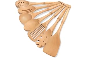 comfoyar Utensili da Cucina Set, 7 Pezzi Cucchiai di Legno per Cucinare Set con Spatola e Ladle, Resistente al Calore Mestoli in Legno per Pan Antiaderente-Faggio