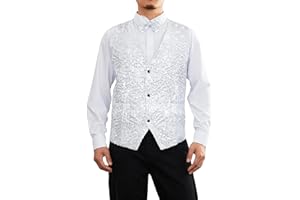 Caziffer Mens Shiny Sequin Vest Deep V-neck Solid Color Party Dress Suit Waistcoat Bowtie Button Waistcoat for Business Wedding