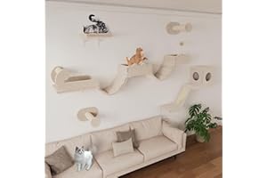 ‎BYBYME BYBYME Kletterwand Katzen Mit Langer BrüCke, Katzenregale Mit KratzbäUmen Und Katzenhaus, 5PCS Platzsparendes KlettermöBel FüR Erwachsene Katzen Und KäTzchen (Beige)