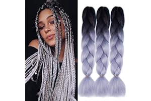 FANWYFYU 3 extensiones de cabello trenzado, 300 g, 24 pulgadas, cabello trenzado degradado, trenzado, extensiones de cabello sintético (negro - gris)