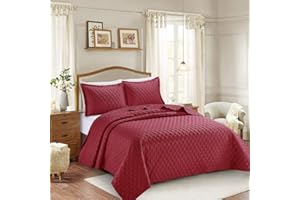 TEXTILE HOME HOME DÉCOR Textile Home 3 Piece Quilted Bedspread Bedding Set Comforter Throw with Matching Pillow Shams (Burgundy, Single)