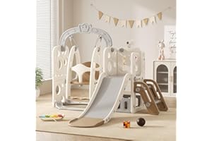 VUECER Rutsche mit Klettergerüst für Kinder: Indoor Spielplatz mit - Aufbewahrungsbox Tunnel Treppenleiter Basketballkorb und Durchgangsbereich Gartenrutsche (Elf-B-Brown)