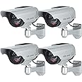 Hengu Fake Dummy Camera Home Security CCTV Solar Powered Surveillance Camera with Flashing LED Light, Outdoor Indoor Use, Bullet Shape Silver - 4 Pack