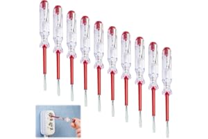 MEUKCEZ 10 Peças Destornillador Buscapolos Electricista Modelo 45200, Testador de Fases certificados VDE/GS, Comprobador de Corriente, Fabricados Con Acero C60 Galvanizado, Transparente/Rojo