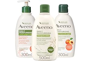 Aveeno Daily Moisturising Set Corpo con Detergente Intimo al profumo di Vaniglia 500 ml, Crema Corpo Idratante allo Yogurt 500 ml e Bagnoschiuma 300 ml al profumo di Albicocca – Esclusiva Amazon