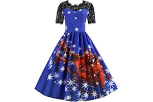 HAOLEI Women Christmas Dresses UK Clearance,Ladies Short Lace Sleeve Santa Print Elf Xmas Dresses,Flared A Line 1950s Swing Dress Christmas Costume for Cocktail Party Size 8-16