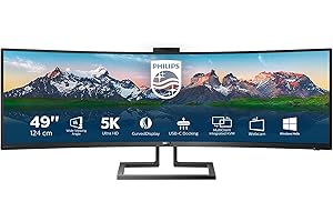 Philips 499P9H- 49 Inch Curved Dual QHD Monitor, 70Hz, 5ms, VA, WebCam, Speakers, USB-C Dock, KVM, Height Adjust (5120 x 1440, 450 cd/m², HDMI/DP 1.4/USB 3.1 / USB-C)