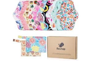 Rovtop Reusable Sanitary Towels Pads（10 Packs,25.4cm）,Menstrual Panty Pads,Washable Sanitary Towel, Washable Sanitary Pads Panty Liners+ 2 Mini Carry Bag Gift Box Set