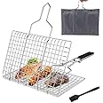 Portable BBQ Grill Mesh with Removable Wood Handle, Folding Grilling Basket Heavy Duty for Meat Shrimp Vegetable Fish, Outdoor Barbecue Accessories Stainless Steel, BBQ Rack Tool Basting Brush 32x22cm