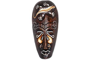 TEMPELWELT Wanddekoration Maske Holzmaske mit Gecko Motiv 20 cm, Holz braun weiß, Kunsthandwerk Bali Lombok Dekomaske im afrikanischen Stil