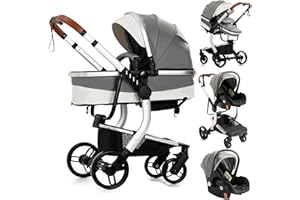 Doraystar Cuero PU Carro Bebe 3 Piezas, Carrito Bebe 3 en 1 con Dos Modos de Empuje Reversibles, Cochecito Bebe 3 Piezas con Capazo Grande Cómodo, Carricoche Bebe 3 Piezas Alto Paisaje (518 Grey)