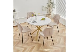 GrandCA HOME Set Tavolo e Sedie da Pranzo, Tavolo da Pranzo Rotondo da 100 CM e 4 Sedie Moderne in Lino, per Sala da Pranzo, Cucina, Soggiorno (Marmo + Cachi)