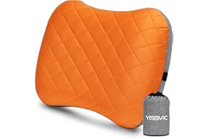 YISSVIC Cuscino Gonfiabile Campeggio con Federa Rimovibile, Cuscino da Viaggio Gonfiabile Ultraleggero Portatile Pieghevole per Campeggio/Trekking/Viaggio/Spiaggia/Volo Aereo (Arancione)