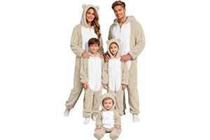 PXJSDWE Weihnachtspyjama Familie Set Einteiler Kuschelig Warm Jumpsuit Pyjama mit Bärenohren Kapuze Christmas Schlafanzug Teddy Fleece Overall Weich Casual Onesie Hausanzug für Damen Herren Kinder Baby