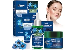 ZNNHNN Blue Gentian Set of 3 Organic Firming Night Cream, Organic Anti-Wrinkle Serum and Anti-Wrinkle Eye Care & Lip Care, Blue Gentian & Edelweiss, Anti-Ageing Cream Women, for All Skin Types