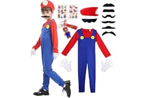 CHOUGLOW Costume da Mari Luigi per adulti Bambino, Costume classico con Cappello, Guanti,barba finta,portachiavi,Tatuaggi Temporanei,Costume Cosplay Mario per Halloween Natale Carnevale