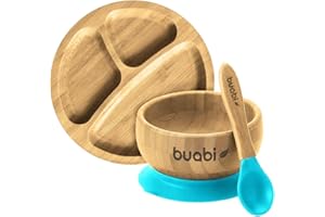 BUABI Vajilla de Bambú natural, set 3 piezas: Bowl Plato y Cuchara. Con ventosa antideslizante en la base. Bambú y silicona grado alimentario, Ecológico sin BPA (Azul)