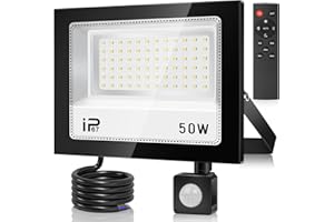 VRFMALIY 50W Foco LED Exterior con Control Remoto,5000LM Focos LED Exterior con Sensor de Movimiento,7000K LED Foco con Sensor, IP67 Impermeable Luz LED con Sensor de Movimiento, para Gardín,Patio,Garaje