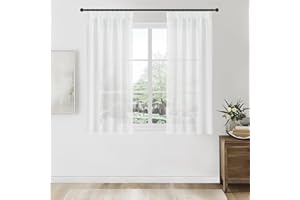 ‎TOPFINEL Topfinel Voile Vorhänge mit Kräuselband in Leinen-Optik Transparent für Wohnzimmer Schlafzimmer Fenster Einfarbige Gardinen kurz Weiss 2er Set je140x160cm (BxH)