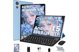 DEERTIME Tablet 10 Pulgadas AI Android 15 Tablets con 30GB RAM+64GB ROM/TF 2TB, 8 Core 2.0Ghz, 5G+2.4G WiFi | Widevine L1 | 8+5MP | BT5.0 | Widgets | GMS Tablet 3 en 1 con Teclado, Funda y Ratón - Azul