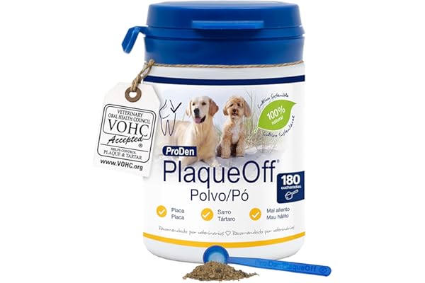 ProDen PlaqueOff Perros y Gatos en Polvo 60g, Limpieza Dental con 100% Alga Natural, Limpiador de Sarro Dental y de Placa, Elimina Eficazmente el Mal Aliento en Mascotas, Hasta 6 meses de duración