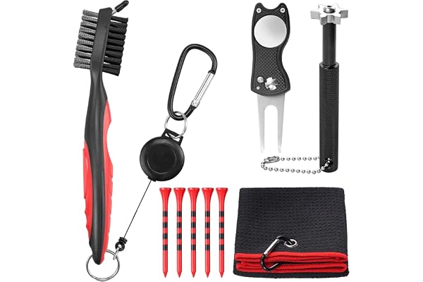 VINTEAM Accessoires de Golf, Lot de 5 Outils de Nettoyage de Golf, Outil de réparation Pliable avec marqueur de Balle de Golf, Brosse de Club de Golf, aiguiseur de rainures de Golf, Tees de Golf et