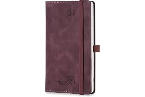 POPRUN Agenda Pocket 2026 2027 Veckoagenda 16,5 x 9 cm från Aug'26 - Dec'27, 17 Månader Liten Skolplanerare, Hårt PU Denimskinn Läderomslag med Tidsindelning, Papper 80 gsm,Brunt