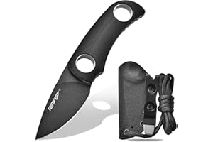 TONIFE Cuchillo de Hoja Fija 4,7cm, Mini Cuchillo de Cuello con Funda de Kydex y Cordón, Cuchillo Fijo Portátil EDC para Supervivencia al Aire Libre (Negro+Óxido negro y luego Stonewash)