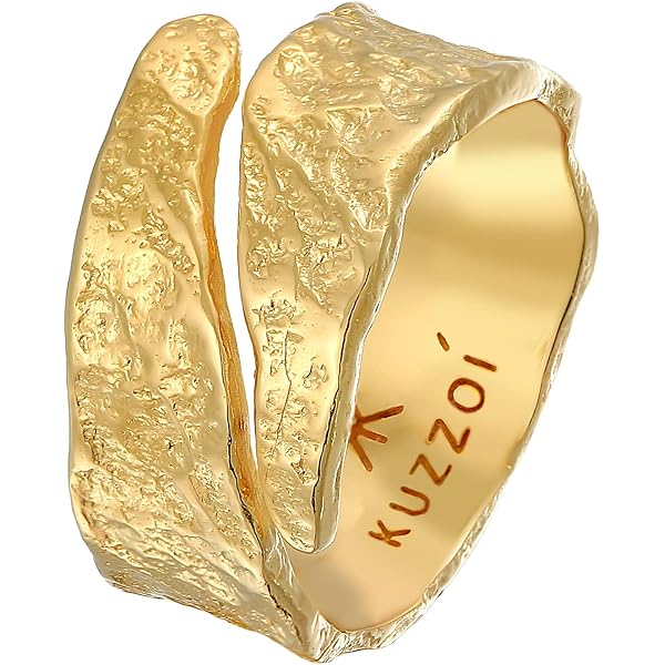 Kuzzoi Bague Homme Argent 925 Plaqué Or 9 Mm – Style Usé Rustique, Look Vintage Brut, Tailles 60 à 66, Bijou Fabriqué Main