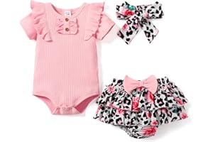 PATPAT Completo Vestitino Bimba con Body, Pantaloncini a Fiori e Fascia per Capelli in 93% Cotone - Bambino Ragazza Abbigliamento Set di Abiti da Neonata per Estate 0-18 mesi