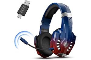 PHOINIKAS Auriculares Gaming Inalámbricos para PS4/PS5/PC, Adaptador USB y Tipo C, Micrófono con Cancelación de Ruido Desmontable, Estéreo 7.1, 30 Horas, Luces LED (Azul Colorido)