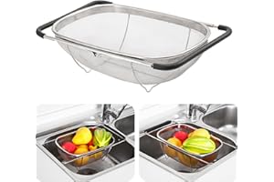 DOEDOEFONG Colino da appoggiare sul lavandino,Colino Ovale in Acciaio Inox, con Cestello a Rete Fine da Manici in Gomma Espandibili, Inox per Lavello da Cucina, Filtrare, Scolare, Sciacquare Frutta